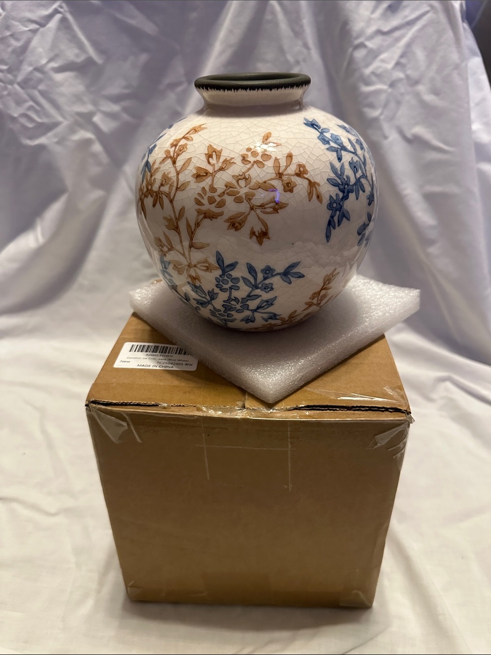 Decorative Blue and Brown Floral Ceramic Vase - Home Accents